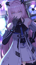  absurdres animal_ears bare_shoulders bear_ears blush coat crossed_bangs detached_sleeves fake_animal_ears female hair_between_eyes headgear headphones highres looking_at_viewer mechanical_arms mechanical_ears pink_eyes pink_hair punishing:_gray_raven short_sleeves sidelocks solo teddy_(punishing:_gray_raven) white_coat yuzu_(yuzexit565) 