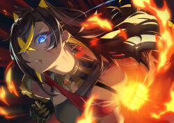  arm_armor bandeau bare_shoulders black_bandeau blonde_hair blue_eyes breasts brown_hair clenched_hands commentary_request crossed_bangs dark-skinned_female dark_skin dehya_(genshin_impact) dirty dirty_face earrings female fire genshin_impact gold_choker hair_between_eyes hair_ears highres incoming_attack jewelry large_breasts looking_at_viewer multicolored_hair parted_lips punching pyrokinesis red_bandeau slit_pupils solo upper_body yamabuki7979 yellow_pupils 