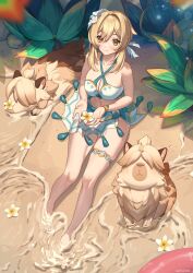  artist_name bare_shoulders barefoot beach bikini blonde_hair blush breasts capybara cleavage closed_mouth commentary criss-cross_halter english_commentary feather_hair_ornament feathers female flower from_above full_body genshin_impact hair_between_eyes hair_flower hair_ornament halterneck highres holding holding_flower innertube large_breasts looking_at_viewer lumine_(genshin_impact) lumine_(hot_springs)_(genshin_impact) navel nezhuchara ocean official_alternate_costume outdoors pink_innertube plant sand short_hair_with_long_locks side-tie_skirt sitting smile soaking_feet solo swim_ring swimsuit thigh_strap toes water white_bikini yellow_eyes 