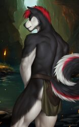  anthro back_muscles belt black_body black_fur bottomwear canid canine canis cave cavern clockhands closed_eyes clothing curled_tail dim_lighting domestic_dog ear_piercing embers facial_piercing fur furgonomic_bottomwear furgonomics grey_body grey_fur hair hi_res highlights_(coloring) husky lip_piercing loincloth male mammal mohawk multicolored_body multicolored_fur nordic_sled_dog piercing pose red_hair rock sebastian_the_husky snakebite_piercing solo spitz standing tail torch water white_body white_fur 