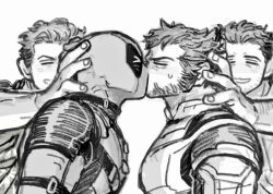  &gt;_&lt; 4boys beard closed_eyes commentary_request deadpool deadpool_&amp;_wolverine deadpool_(series) dishing facial_hair forced_kiss greyscale hand_on_another&#039;s_head hugh_jackman kissing korean_commentary large_pectorals male_focus marvel mask mature_male monochrome multiple_boys muscular muscular_male pectorals ryan_reynolds short_hair smile superhero_costume sweatdrop two-tone_bodysuit wolverine_(x-men) x-men yaoi 