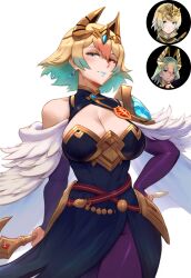  aqua_eyes blonde_hair breasts crown fire_emblem fire_emblem_heroes fjorm_(fire_emblem) fusion heterochromia highres laegjarn_(fire_emblem) multicolored_hair 