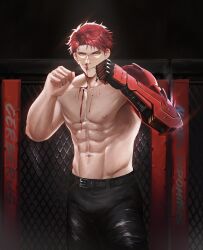  1boy abs absurdres black_pants blood blood_on_chest boxing dizzyshiba_411 fighting_stance highres licking_blood licking_lips male_focus mechanical_arms muscular muscular_male neck_tattoo noctis_(punishing:_gray_raven) nosebleed orange_eyes pants punishing:_gray_raven red_hair scar scar_on_cheek scar_on_face scar_on_nose short_hair single_mechanical_arm solo tattoo tongue tongue_out yellow_eyes 