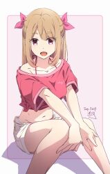  :d collarbone commentary_request dated female hair_ribbon highres legs looking_at_viewer medium_hair midriff moaru-chan_(nii_manabu) navel nii_manabu open_mouth original pink_background pink_eyes pink_ribbon red_shirt ribbon shirt short_sleeves shorts signature sitting smile solo thick_eyebrows thighs tied_shirt two-tone_background white_background white_shorts 