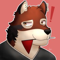  1:1 2024 absurd_res anders_285 anthro black_body black_clothing black_ears black_fur black_nose black_topwear bluey_(series) brown_body brown_fur brown_hair bust_portrait canid canine canis carrying_with_mouth clothing digital_media_(artwork) echo_(game) echo_(series) echo_project exclamation_point flag flag_(object) fur green_clothing green_topwear hair half-closed_eyes hi_res holding_object leo_alvarez looking_away male mammal multicolored_body multicolored_clothing multicolored_ears multicolored_fur multicolored_topwear narrowed_eyes orange_eyes portrait red_background red_ears red_wolf simple_background smile solo topwear two_tone_clothing two_tone_ears two_tone_topwear white_body white_fur wolf 