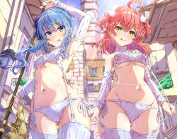  2girls :p ahoge arm_up armpits ass_visible_through_thighs bardiche_(weapon) blue_eyes blue_hair blush breasts cable_knit cat_hair_ornament commentary_request cropped_sweater detached_sleeves double-parted_bangs green_eyes groin hair_between_eyes hair_ornament hair_ribbon hairclip highres holding holding_weapon hololive hoshimachi_suisei knit_thighhighs long_hair looking_at_viewer medium_breasts medium_hair meme_attire micomet_(hololive) midriff multiple_girls narrow_waist navel official_alternate_hairstyle panties pink_hair polearm pom_pom_(clothes) pom_pom_hair_ornament public_indecency qussie ribbed_panties ribbed_sleeves ribbed_sweater ribbed_thighhighs ribbon sakura_miko side-tie_panties side_ponytail sidelocks small_breasts star_(symbol) star_in_eye sweater symbol_in_eye thighhighs tongue tongue_out turtleneck turtleneck_sweater two_side_up underboob underwear virgin_destroyer_sweater virtual_youtuber weapon white_panties white_sleeves white_sweater white_thighhighs wide_hips 