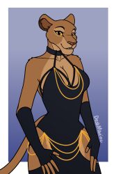  2:3 anthro armwear bottomwear breasts cleavage clothed clothing deskmaniac digital_media_(artwork) disney dress felid female fingers fur hi_res hollow_hip_backless_chain_dress lion looking_at_viewer mammal mature_anthro mature_female pantherine sarabi_(the_lion_king) simple_background smile solo standing tail the_lion_king topwear 