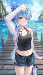  absurdres alternate_costume arm_up bag black_bikini_bottom black_tank_top blue_eyes blue_hair blush breasts cowboy_shot denim denim_shorts dock female hair_between_eyes handbag highres hololive hoshimachi_suisei looking_at_viewer midriff navel ocean one_side_up open_clothes open_shirt outdoors see-through see-through_shirt shading_eyes shirt short_shorts shorts sidelocks small_breasts solo star_(symbol) star_in_eye symbol_in_eye tank_top transparent_bag virtual_youtuber wajuniorbox white_shirt 