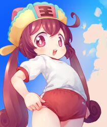  blue_sky blush brown_hair buruma enma_(mythology) female flat_chest gym_uniform highres jigoku_kawaii_enma-chan long_hair looking_at_viewer panties_under_buruma red_buruma red_eyes sakurabe_notos sky solo twintails 