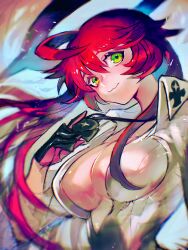  ankh ankh_necklace ankh_print bodysuit breasts cleavage colored_inner_hair female green_eyes guilty_gear guilty_gear_strive halo highres jack-o&#039;_valentine large_breasts multicolored_hair red_hair solo spiked_halo two-tone_hair white_bodysuit white_hair yohane_shimizu 