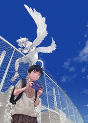  +_+ 2boys angel angel_wings backpack bag black_bag black_hair blue_sky chain-link_fence chromatic_aberration cloud cloudy_sky day expressionless feathered_wings fence halo handheld_game_console highres holding matsuura_kento multiple_boys original outdoors print_shirt red_eyes shirt short_hair short_sleeves sky white_hair white_shirt white_wings wings 