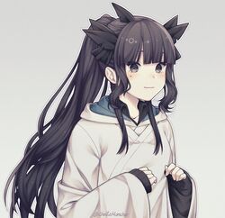  artemis_of_the_blue atelier_live bad_id bad_twitter_id black_hair blunt_bangs closed_mouth female finny grey_background highres hood hoodie long_hair long_sleeves ponytail shark_fin shark_girl sidelocks simple_background virtual_youtuber 