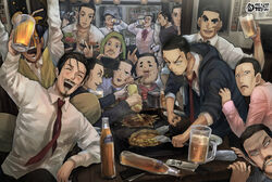  6+boys :o alternate_costume beer_mug black_eyes black_hair black_jacket bottle buzz_cut camera cellphone character_request chest_hair chopsticks contemporary cup drinking drinking_straw drunk eating facial_hair food fruit goatee golden_kamuy griddle hair_slicked_back hair_strand hanazawa_yusaku highres hood hooded_jacket indoors jacket juice kazuo_maeyama koito_otonoshin korokoro_daigorou lemon lemon_slice long_sideburns long_sleeves looking_at_viewer male_focus mishima_kennosuke moustache mug multiple_boys necktie nikaidou_kouhei nikaidou_youhei noma_naoaki okada_fumio okonomiyaki open_clothes open_shirt orange_juice phone pink_shirt poster_(object) red_necktie scar shirt short_hair sideburns smile staring stubble sweater_vest table tamai_houzo tanigaki_genjirou thick_eyebrows tsukishima_hajime tsurumi_tokushirou very_short_hair wada_kouji_(golden_kamuy) white_shirt 