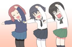  3girls :d anzio_school_uniform arms_up azumanga_daiou belt beret black_belt black_hair black_headwear black_legwear black_neckwear black_skirt blank_eyes blouse blue_skirt blue_sweater bob_cut bonklers braid chibi closed_eyes commentary_request dancing dress_shirt emblem facing_viewer girls_und_panzer gradient_background grey-framed_eyewear hat iteza_(flapper_girl_25) kawashima_momo long_sleeves medium_hair miniskirt monocle multiple_girls neckerchief necktie ooarai_school_uniform open_mouth pantyhose parody partial_commentary pepperoni_(girls_und_panzer) pink_background pleated_skirt red_hair rosehip_(girls_und_panzer) sailor_collar scene_reference school_uniform semi-rimless_eyewear serafuku sharp_teeth shirt short_hair side_braid skirt smile socks soramimi_cake st._gloriana&#039;s_school_uniform standing sweater teeth tilted_headwear under-rim_eyewear v-neck v-shaped_eyes white_legwear white_sailor_collar white_shirt wing_collar 