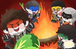  5boys :d :o adachi_koichi afro alternate_costume armor black_footwear black_gloves black_hair blush_stickers brown_hair cauldron celery cheese chibi clenched_hand cooking demon_boy evil_smile eyebrows facepaint facial_hair fingerless_gloves fire food glasses gloves grey_hair hagino_490 hair_slicked_back han_joon-gi heavy_metal highres kasuga_ichiban kimchi lamb_chops lettuce matching_outfits meat messy_hair multiple_boys nanba_yu official_alternate_costume open_mouth party red_background round_eyewear ryuu_ga_gotoku_(series) ryuu_ga_gotoku_7 short_hair smile spiked_armor zhao_tianyou 