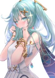  aqua_hair armlet bare_shoulders bracelet breasts dress faruzan_(genshin_impact) female genshin_impact grey_eyes hair_ornament highres holding holding_own_hair jewelry kachayori long_hair looking_at_viewer medium_breasts ring sidelocks solo sparkle symbol-shaped_pupils triangle-shaped_pupils twintails white_dress x_hair_ornament 