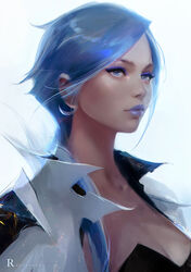  black_corset blue_eyes blue_hair blue_lips breasts commentary_request corset eyeliner eyeshadow female lips lipstick lyris makeup nose original portrait realistic ross_tran short_hair solo 