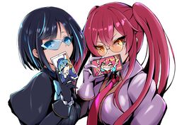  2girls ahoge blue-tinted_eyewear blue_hair cellphone dual_persona duel_monster eld_pld evil_twin_ki-sikil evil_twin_lil-la gloves grin ki-sikil_(yu-gi-oh!) lil-la_(yu-gi-oh!) live_twin_ki-sikil live_twin_lil-la long_hair multiple_girls necktie orange-tinted_eyewear phone pink_hair smartphone smile sunglasses tinted_eyewear tongue tongue_out twintails v white_background wrist_cuffs yu-gi-oh! 