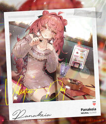  ahoge artist_request blush booth_seating box box_of_chocolates bubble_tea character_name chocolate collarbone copyright_name cowboy_shot double_bun dress faux_photograph female food girls&#039;_frontline girls&#039;_frontline_neural_cloud hair_between_eyes hair_bun highres holding holding_chocolate holding_food indoors long_hair looking_at_viewer menu official_art open_mouth panakeia_(neural_cloud) pink_eyes pink_hair polaroid sitting solo table thighhighs valentine wavy_hair wz.29_(girls&#039;_frontline) 