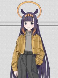  alternate_costume animal_ears bad_id bad_pixiv_id blunt_bangs closed_mouth commentary cowboy_shot female gradient_hair grey_background grey_pants grey_sweater hair_ornament halo hand_in_pocket highres hololive hololive_english jacket kenharu ligne_claire long_hair long_sleeves mole mole_under_eye multicolored_hair ninomae_ina&#039;nis orange_hair pants pointy_ears purple_eyes purple_hair sidelocks smile solo sweater tentacle_hair very_long_hair virtual_youtuber yellow_jacket 