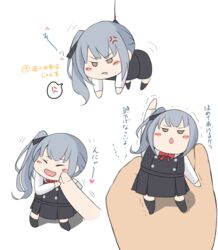  88942731ne anger_vein black_dress black_ribbon black_socks brown_eyes buttons chibi collared_shirt dress female grey_hair hair_ribbon heart kantai_collection kasumi_(kancolle) kasumi_kai_ni_(kancolle) kneehighs long_hair long_sleeves md5_mismatch motion_lines multiple_views pinafore_dress red_ribbon ribbon shirt side_ponytail simple_background sleeveless sleeveless_dress socks translation_request white_background white_shirt 