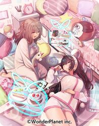  2girls alice_fiction andromeda_(alice_fiction) aqua_eyes black_hair breasts brown_eyes brown_hair cake copyright_name food large_breasts looking_at_another misago_(525) multiple_girls neu_(alice_fiction) official_art open_mouth pajamas pillow pink_theme smile stuffed_animal stuffed_toy stuffed_unicorn unicorn wavy_hair 