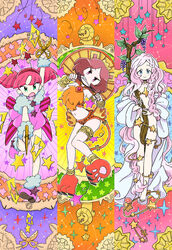  3girls barefoot braid branch cancer_(zodiac) clenched_teeth constellation dress food fruit grapes green_eyes hairband highres holding holding_scissors horoscope leaf leo_(zodiac) long_hair mokeo multiple_girls nude open_mouth original paper paw_shoes pink_eyes pink_footwear pink_hair red_hair scissors short_hair side_braids smile star_(symbol) teeth very_long_hair virgo_(zodiac) zodiac 