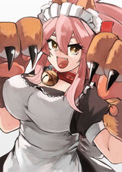  absurdres alternate_costume animal_ear_fluff animal_ears animal_hands apron bell breasts cat_day cat_paws collar enmaided fate/grand_order fate_(series) female fox_ears fox_girl fox_tail gloves gumi_(the_eye_of_darkness) hair_ribbon highres impossible_clothes jingle_bell large_breasts long_hair maid maid_apron maid_headdress neck_bell oerba_yun_fang open_mouth paw_gloves pink_hair ponytail red_ribbon ribbon simple_background solo tail tamamo_(fate) tamamo_cat_(fate) tamamo_cat_(second_ascension)_(fate) white_apron white_background yellow_eyes 