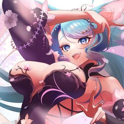  animal_ears black_kimono black_sleeves blue_eyes blue_hair breasts cherry_blossom_print cherry_blossoms cleavage cleavage_cutout clothing_cutout commentary detached_sleeves english_commentary fangs female floral_print highres hip_vent japanese_clothes kimono large_breasts long_hair looking_at_viewer multicolored_hair navel navel_cutout open_mouth pink_hair silvervale silvervale_(sakura_goddess) streaked_hair very_long_hair virtual_youtuber vshojo wolf_ears wolf_girl yuarima2 