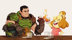  1boy alcohol animal_crossing assault_visor bell black_hair blonde_hair buck_teeth commentary crossover cup dog_girl dog_tail doom_(series) doom_eternal doomguy drinking_glass english_commentary female glass hair_bell hair_ornament hawaiian_shirt helmet highres isabelle_(animal_crossing) praetor_suit shirt simple_background smile table tail teeth third_cookie toasting_(gesture) topknot unworn_headwear unworn_helmet whiskey 