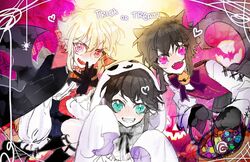  3boys androgynous animal_ears black_hair blonde_hair blush ghost ghost_costume halloween korean_commentary leeee_ro looking_at_viewer lord_of_heroes multiple_boys nine_(earth) nine_(lord_of_heroes) nine_(vampire) nine_(water) otoko_no_ko pale_skin pink_eyes pointy_ears purple_eyes trick_or_treat vampire vampire_costume werewolf werewolf_costume wolf_boy wolf_ears 