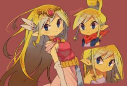  2girls artist_name belt blonde_hair blue_eyes blush closed_mouth commentary dress eyelashes gloves hair_ornament long_dress multiple_girls multiple_views pink_dress pointy_ears princess_zelda red_background sidelocks smile tetra the_legend_of_zelda the_legend_of_zelda:_the_wind_waker tiara tokuura toon_zelda vest watermark 