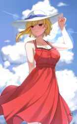  alternate_costume arm_behind_back as4gi asymmetrical_hair bare_shoulders blonde_hair blue_sky breasts cleavage cloud dress earrings female floating_hair hand_on_headwear hat highres hololive hololive_indonesia jewelry kaela_kovalskia large_breasts looking_to_the_side necklace outdoors parted_lips red_dress red_eyes red_nails short_hair signature sky solo sun_hat sundress virtual_youtuber white_hat 