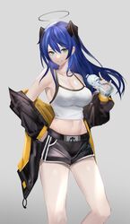  arknights armpits bare_shoulders black_jacket black_shorts blue_eyes blue_hair blue_nails bottle breasts camisole cleavage collarbone cowboy_shot crop_top eugle_na female grey_background grin halo hand_on_own_hip hand_up highres holding holding_bottle horns jacket large_breasts long_hair long_sleeves looking_at_viewer midriff mostima_(arknights) nail_polish navel off_shoulder official_alternate_costume open_clothes open_jacket parted_lips shirt short_shorts shorts simple_background sleeveless sleeveless_shirt smile solo spaghetti_strap standing stomach taut_clothes taut_shirt thighs water_bottle white_shirt 