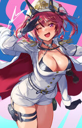  anchor_symbol animal_on_arm aviator_sunglasses belt bird bird_on_arm black_gloves breasts buttons cleavage coat coat_on_shoulders eyewear_hang female gloves goddess_of_victory:_nikke hat hat_ornament highres large_breasts mast_(nikke) michairu morgan_(nikke) oerba_yun_fang parrot pink_eyes pouch red_hair shorts simple_background skin_fang skull_choker skull_collar skull_hat_ornament skull_print solo sunglasses thigh_pouch unworn_eyewear white_shorts 