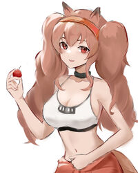  :d absurdres angelina_(arknights) animal_ears arknights bare_arms bare_shoulders black_choker breasts brown_hair camisole cherry choker collarbone crop_top female food fox_ears fruit hairband hand_up highres holding holding_food holding_fruit long_hair looking_at_viewer midriff navel obniermarbiss official_alternate_costume open_mouth red_eyes red_hairband simple_background smile solo spaghetti_strap sports_bra stomach twintails upper_body very_long_hair white_background white_sports_bra 