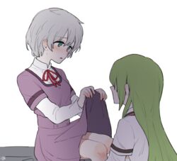  2girls alina_gray an_sin azusa_mifuyu bad_id bad_twitter_id blush center_frills clothes_lift collared_shirt frilled_shirt frills green_hair grey_hair hair_between_eyes layered_sleeves lifting_own_clothes long_hair long_sleeves looking_at_another magia_record:_mahou_shoujo_madoka_magica_gaiden mahou_shoujo_madoka_magica mizuna_girls&#039;_academy_school_uniform multiple_girls neck_ribbon open_mouth pleated_skirt purple_ribbon purple_shirt purple_skirt ribbon sakae_general_school_uniform school_uniform shirt shirt_under_shirt short_hair short_over_long_sleeves short_sleeves simple_background skirt skirt_lift straight_hair white_background white_shirt yuri 