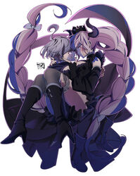  1boy black_dress black_footwear black_gloves black_horns black_thighhighs boots bow braid commentary_request crown detached_sleeves dress eye_contact female fingerless_gloves floating_hair fukagawa_kazumi gloves grey_hair half-closed_eyes hand_on_another&#039;s_chin hand_on_another&#039;s_neck high_heel_boots high_heels highres horns long_hair long_sleeves looking_at_another master_detective_archives:_rain_code parted_lips pink_eyes pink_hair profile purple_eyes shinigami_(rain_code) short_hair signature straight thighhighs twin_braids very_long_hair white_bow yuma_kokohead 