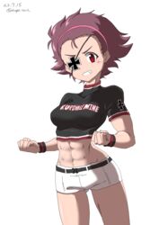  absurdres black_shirt blush breasts brown_hair clenched_hands dated drops_mint eyepatch female girls_und_panzer grin highres large_breasts looking_at_viewer midriff momogaa_(girls_und_panzer) muscular muscular_female navel red_eyes shirt short_hair shorts signature simple_background smile solo white_background white_shorts 