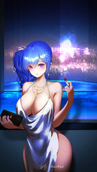  absurdres azur_lane backless_dress backless_outfit bag bare_shoulders blue_hair blue_nails blush breasts cleavage cosmetics cowl_neck dress earrings evening_gown female hair_between_eyes hair_ornament hairclip halter_dress halterneck handbag highres holding holding_bag holding_lipstick_tube huge_breasts jewelry lao_fashi_rmi lipstick_tube looking_at_viewer nail_polish necklace official_alternate_costume plunging_neckline purple_eyes red_lips revealing_clothes side_ponytail sidelocks signature silver_dress smile solo st._louis_(azur_lane) st._louis_(luxurious_wheels)_(azur_lane) women&#039;s_wallet 