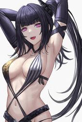  architect_(girls&#039;_frontline) architect_(nvw_model)_(girls&#039;_frontline) armpits arms_up bad_id bad_twitter_id black_gloves black_hair blunt_bangs breasts cleavage elbow_gloves female girls&#039;_frontline gloves highres long_hair looking_at_viewer medium_breasts navel one_side_up open_mouth purple_eyes sangvis_ferri selcky simple_background smile solo swimsuit white_background 