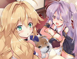  2girls :o ;d azur_lane blonde_hair breasts brown_gloves canine cleavage detached_collar gloves green_eyes grenville_(azur_lane) large_breasts le_temeraire_(azur_lane) long_hair multicolored_hair multiple_girls one_eye_closed open_mouth pink_hair purple_gloves red_eyes smile streaked_hair tonchinkan very_long_hair 