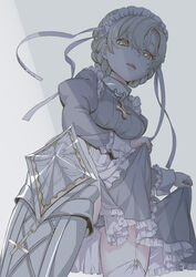  absurdres apron armored_boots azur_lane black_dress blonde_hair boots braid chains collar commentary_request corset cowboy_shot cross cross-laced_footwear dated dress eyelashes female foreshortening french_braid frilled_dress frills from_below garter_straps graphite_(medium) grey_background hair_ribbon highres inverted_cross juliet_sleeves knee_boots knee_up lifting_own_clothes long_sleeves looking_at_viewer maid maid_apron maid_headdress metal_collar nonone_(the9thxsheep) open_mouth panties pantyshot poleyn puffy_sleeves ribbon sheffield_(azur_lane) skirt_hold solo spot_color standing stepped_on thighhighs thighs traditional_media twitter_username underwear white_ribbon white_thighhighs wrist_cuffs yellow_eyes 