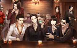  1988 aged_down alcohol awano_hiroki bar_(place) black_hair black_jacket blue_suit brick_wall chain_print cigarette closed_eyes commentary_request earrings everyone eyepatch flower formal friends gold_necklace good_end hair_slicked_back happy jacket jewelry kashiwagi_osamu kiryu_kazuma kuze_daisaku lee_wen_hai long_hair majima_goro makimura_makoto manly mature_male medium_hair multiple_boys music necklace nishikiyama_akira nishitani_homare oda_jun reina_(ryuu_ga_gotoku) ryuu_ga_gotoku ryuu_ga_gotoku_(series) ryuu_ga_gotoku_0 sagawa_tsukasa shibusawa_keiji singing smoke smoke_trail smoking suit tachibana_tetsu tenyo0819 turtleneck white_jacket 