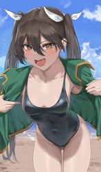  :d absurdres ass_visible_through_thighs beach black_one-piece_swimsuit blue_sky blush breasts brown_eyes brown_hair cloud cloudy_sky collarbone commentary covered_navel cowboy_shot day female green_jacket hair_between_eyes hair_ribbon highleg highleg_swimsuit highres jacket kantai_collection leaning_forward long_hair looking_at_viewer medium_breasts ocean oerba_yun_fang one-piece_swimsuit open_clothes open_jacket open_mouth outdoors ribbon ryudraw signature skin_fang skin_tight sky smile solo standing swimsuit symbol-only_commentary thighs tone_(kancolle) twintails white_ribbon 