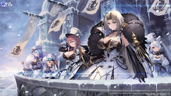  +_+ 5girls absurdres arkhangelsk_(azur_lane) azur_lane balcony banner black_bodysuit black_bra black_choker black_gloves blonde_hair blue_eyes blue_hair bodysuit bodysuit_under_clothes bra breasts brown_hair center_opening choker cleavage closed_eyes closed_mouth cloud cloudy_sky coat cold commentary cowboy_shot criss-cross_halter cross earrings elbow_gloves english_commentary expressionless eyelashes fur-trimmed_sleeves fur_hat fur_scarf fur_trim gloves goggles goggles_on_head grey_hair grey_sky hair_between_eyes hair_over_one_eye halterneck hand_in_own_hair hand_on_hilt hat highres jewelry kiev_(azur_lane) kronshtadt_(azur_lane) lace-trimmed_bra lace_trim large_breasts light_blue_hair lips logo long_hair medium_breasts mole mole_on_breast multiple_girls nakamura_eight northern_parliament_(emblem) o-ring official_art open_mouth outdoors oversized_breast_cup parted_bangs peaked_cap pom_pom_(clothes) red_eyes saber_(weapon) second-party_source sheath sheathed sky sleeveless smile snow snowing soobrazitelny_(azur_lane) sword twintails underwear ushanka v-shaped_eyebrows volga_(azur_lane) watermark weapon white_coat white_headwear wind yellow_eyes 