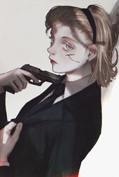  against_wall aiming black_jacket black_necktie blonde_hair blood blue_eyes breasts clothes_grab collared_shirt colored_eyelashes cuts earrings eyelashes female finger_on_trigger formal from_side gun hair_slicked_back hairband handgun highres holding holding_gun holding_weapon hunter_x_hunter injury jacket jewelry long_sleeves looking_at_viewer machihazure necktie red_lips shirt short_hair sideways_glance sig_p220/p226 sig_sauer solo stud_earrings suit theta_(hunter_x_hunter) upper_body weapon white_background white_shirt 