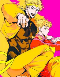  2boys black_nails blonde_hair bracelet braid commentary dio_brando fangs father_and_son giorno_giovanna green_eyes headband heart height_difference highres hug hug_from_behind jacket jewelry jojo_no_kimyou_na_bouken long_hair long_sleeves looking_at_viewer male_focus multiple_boys muscular muscular_male pants parody pink_jacket pointing shenshan_laolin stardust_crusaders sweatdrop symbol-only_commentary vampire vento_aureo yellow_jacket yellow_pants 