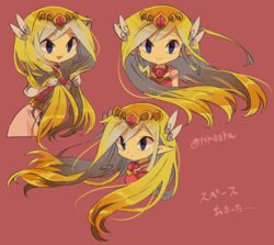  :&gt; artist_name blonde_hair blue_eyes closed_mouth commentary female floating_hair gloves hair_ornament highres holding holding_own_hair long_hair looking_at_viewer multiple_views pointy_ears princess_zelda sleeveless smile the_legend_of_zelda the_legend_of_zelda:_the_wind_waker tiara tokuura toon_zelda translation_request watermark white_gloves 