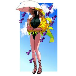  1boy adapted_costume black_leotard black_nails blonde_hair bracelet cloud commentary dio_brando full_body holding holding_umbrella jacket jewelry jojo_no_kimyou_na_bouken leotard long_hair male_focus muscular muscular_male nail_polish parasol pectorals sandals shaded_face shenshan_laolin solo stardust_crusaders symbol-only_commentary umbrella yellow_jacket 